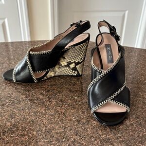 SJP by Sarah Jessica Parker Black  Leather Stitch Python Wedge Sandal Shoes